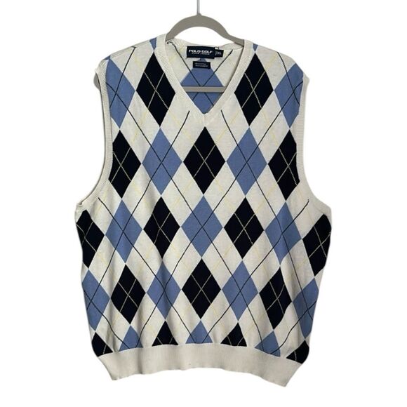 Polo Golf Ralph Lauren Argyle Sweater Vest Men's XL Blue/White Diamond Knit - Picture 1 of 9